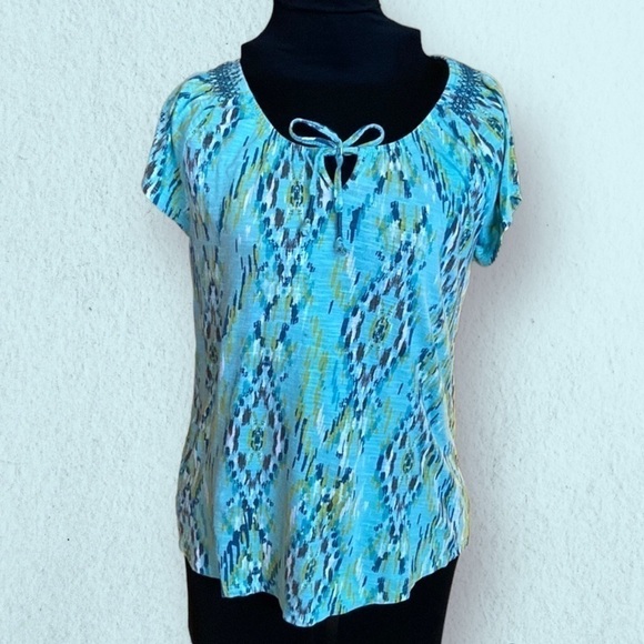 🦄 Sonoma lifestyle cap sleeve tie-Neck patterned top turquoise medium - Picture 1 of 9